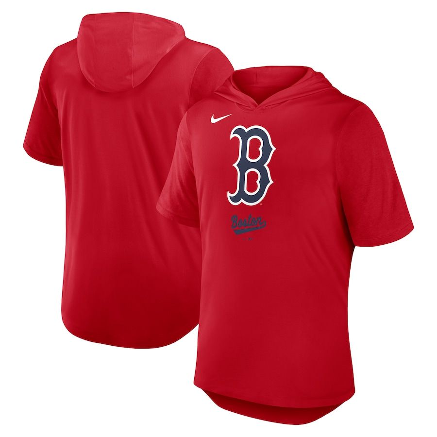Men 2025 MLB Boston Red Sox Red Hooded T-shirt->mlb t-shirts->Sports Accessory